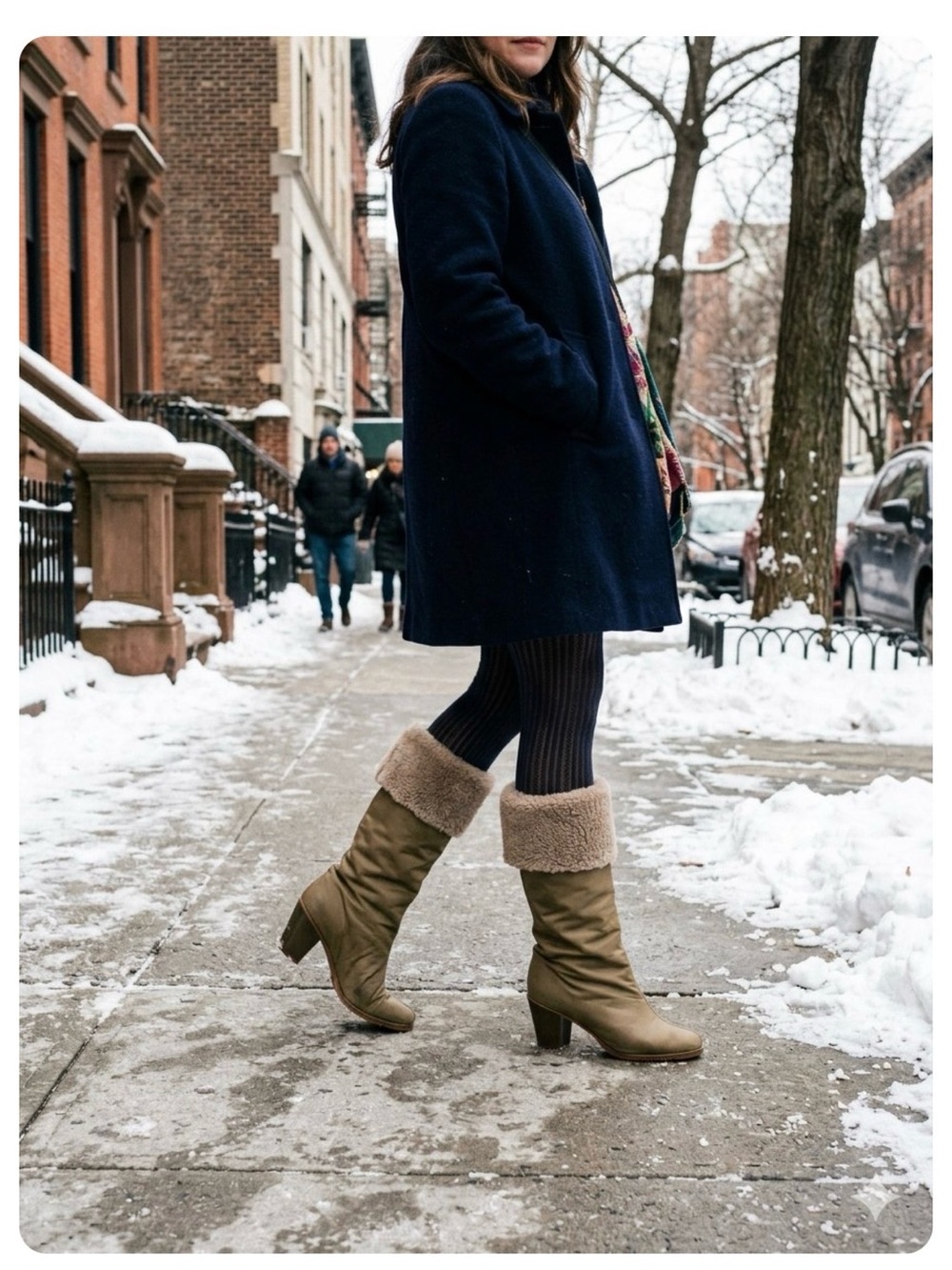 Vintage Women’s Taupe Faux-Fur Cuff Mid-Calf Heeled Boots